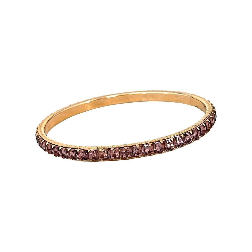 Vintage 1960s Bangle Bracelet Pale Purple Prong Set Rhinestone Gold Tone - 15E